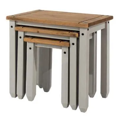 Corona Modern Industrial Grey Painted Solid Pine Stackable Nest Of 3 Tables
