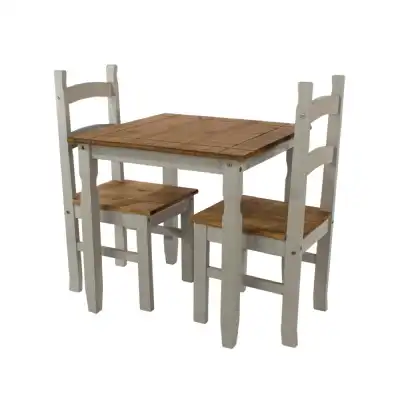 Grey Pine Wood Square Dining Table and 2 Chairs Set