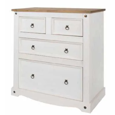 White Painted Antique Wax Finish Oak Top Chest of 4 Drawers 2 Over 2 Mexican Design