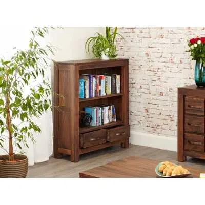 Walnut Small Low Bookcase With 2 Drawers 1 Shelf Dark Wood Finish
