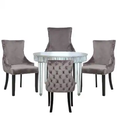 Silver Mirrored 120cm Round Dining Set 4 Grey Chairs