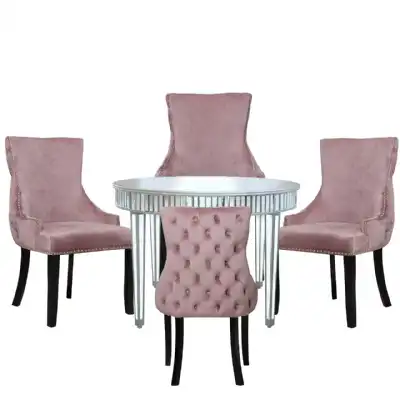 Silver Mirrored 120cm Round Dining Set 4 Pink Chairs