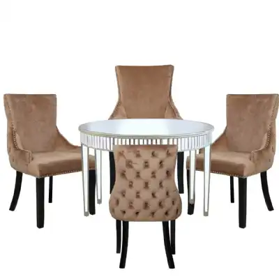 Mirrored Round Dining Table Set with 4 Champagne Chairs