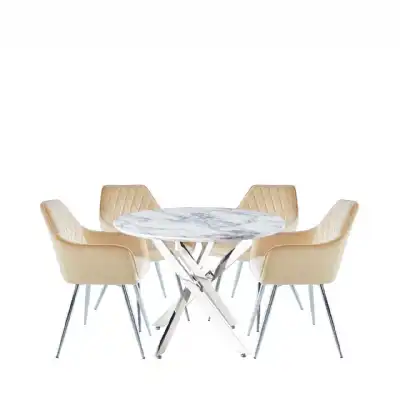 White Marble Dining Set 4 Quinn Champagne Chairs