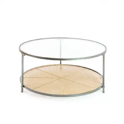 Silver Round Glass Coffee Table with Rattan Base