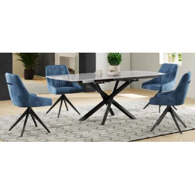 Light Grey Ceramic Swivel Extending Dining Table and 4 Blue Velvet Swivel Chairs