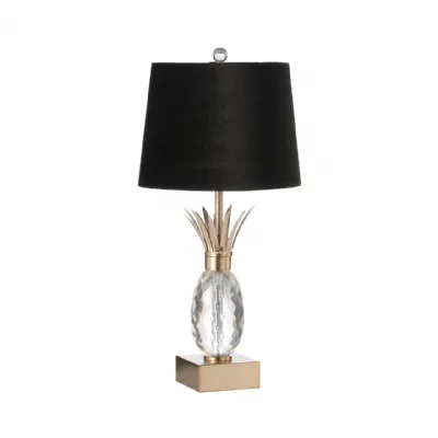64. 1cm Champagne Metal Table Lamp With Pineapple Glass And Black Velvet Shade