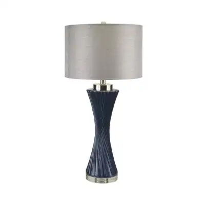 78cm Dark Blue Twist Table Lamp With Grey Linen Shade