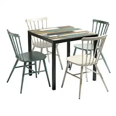 Outdoor Table 80x80 Driftwood Top and 4 Metal Chairs