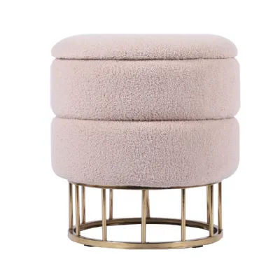 Beige Boucle Round Storage Stool With Gold Legs