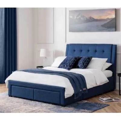 Blue Linen Fabric Upholstered 4 Drawer 150cm King Size 5ft Bed on Black Legs