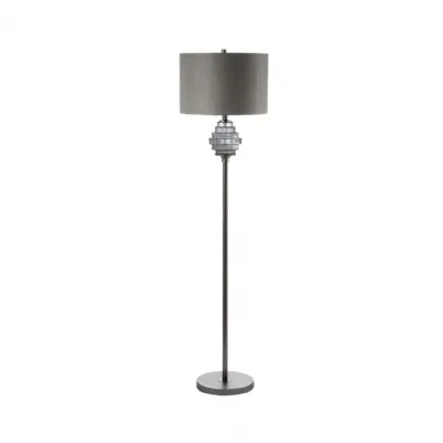Smoked Glass Floor Lamp with Glass Base and Grey Linen Shade
