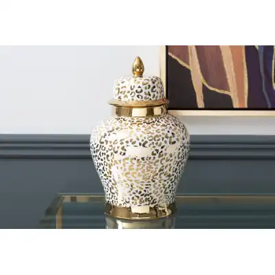 White And Gold Leopard Print Ginger Jar