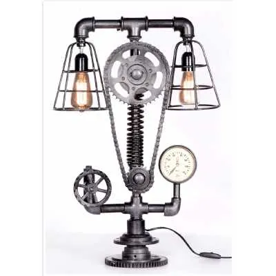 Upcycled Industrial Style Cogged Design Metal Twin Fitting Table Lamp Lighting 71x20x58cm