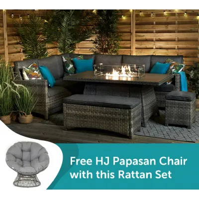 Luxury Grey Rattan Corner Dining Set with Firepit + Free Chair