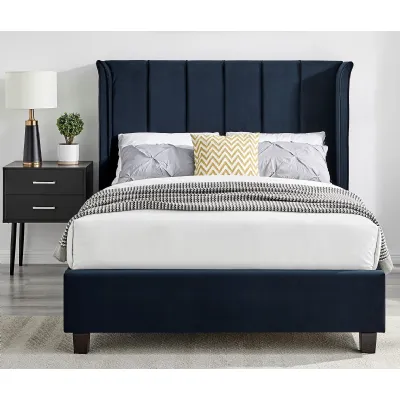 Dark Blue Velvet Fabric Low End 5ft King Size Bed