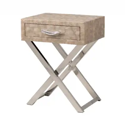 Taupe Snake Leather Side End Table with Drawer