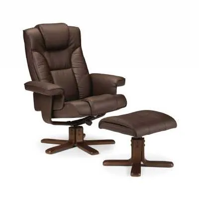Swivel Recliner Chair And Stool Set Brown Faux Leather Upholstery Walnut Base