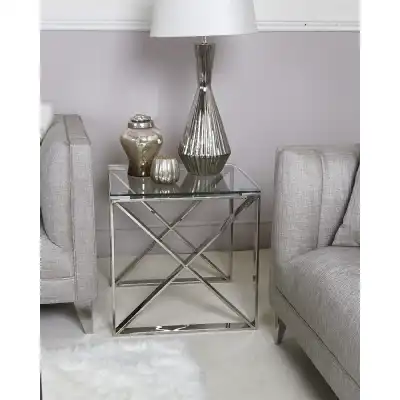 Stainless Steel 55cm Square Lamp Table Glass Top