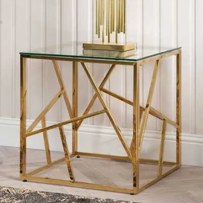 Geometric Modern Gold Metal Framed Square End Lamp Table