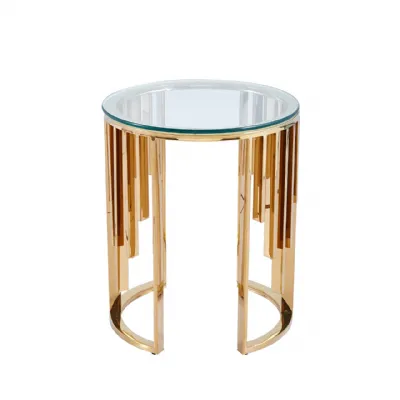 Gold Round Metal Side End Table with Clear Glass Top