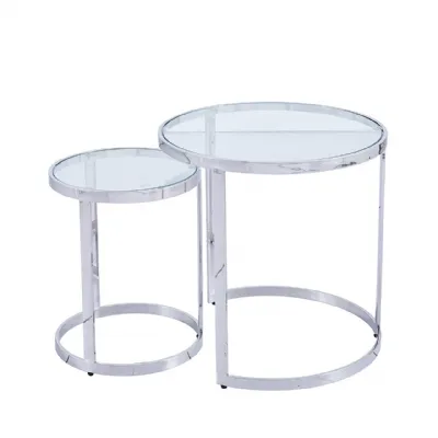 Set Of 2 Stainless Steel Nesting Table Glass Top