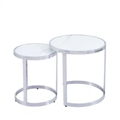 Set Of 2 Stainless Steel Nesting Table With White Marble Glass Top