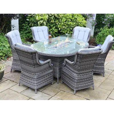 Luxury Dark Grey Rattan 6 Seater 180cm Oval Fire Pit Dining Set