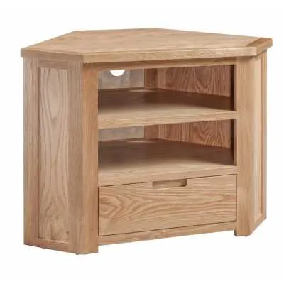 Oak Small Corner TV Media Cabinet With 1 Drawer Open Shelf Moderna Range