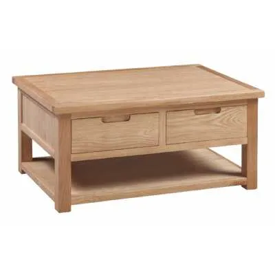 Oak Square Lounge Coffee Table With 2 Drawers Open Shelf Base Moderna Collection