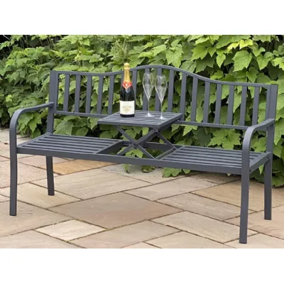 Powder Coated Steel Garden Bench with Pull Up Centre Shelf