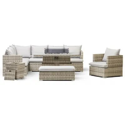 Luxury Grey Rattan Corner Firepit Set with Rising Table and Chair