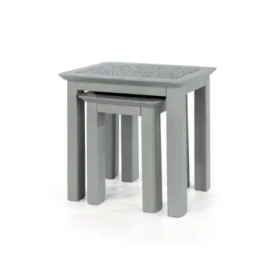 Grey Painted Nest Of 2 Side Lamp Occasional Tables with Real Stone Tops
