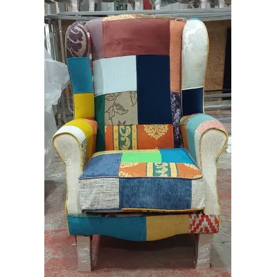 Patchwork Linen Upright Winged Petite Armchair