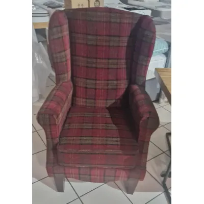 Red Tartan Fabric Winged Armchair with Optional Stool