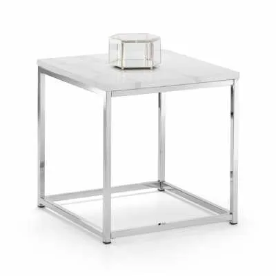 Square White Marble Effect Top Lamp End Table Stainless Steel Framed Italian Design