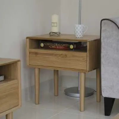 Nordic Scandic Oak Lamp Bedside Table 1 Drawer Open Shelf Top on Legs