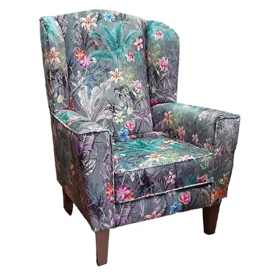 Linen Upright Winged Armchair with Optional Stool