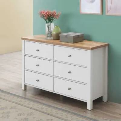 White Painted Solid Wood Chest of 6 Drawers Oak Top British Style