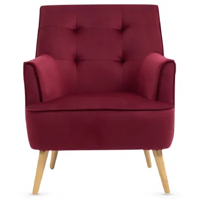 Dark Crimson Velvet Fabric Accent Chair with Oak Legs