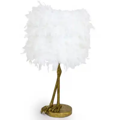 Gold Bird Legs Table Lamp White Feather Shade