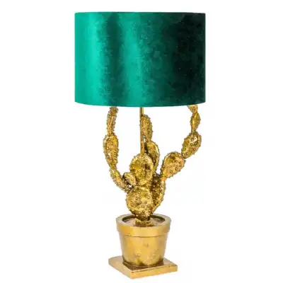 Gold Potted Cactus Table Lamp with Green Shade