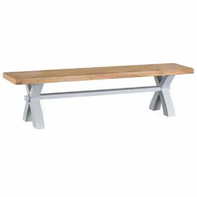 Grey Painted Oak Top Dining Bench Cross Legs 180cm Wide