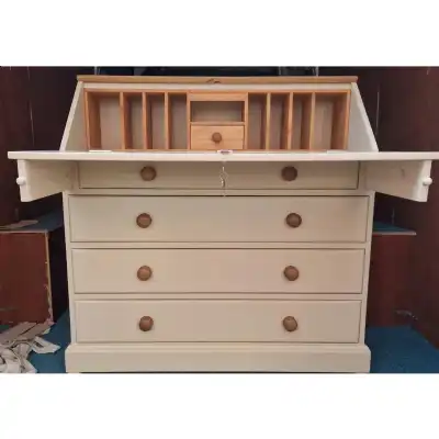 Cream Painted Pine Bureau, Soild Oak Top, with 4 Drawers, Bespoke