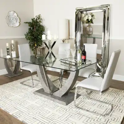 V Shaped Metallic Base Rectangular Dining Table Glass Top