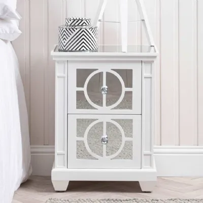 White Wooden Geometric Mirrored Glass 2 Drawer Bedside Chest