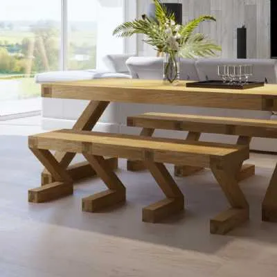 Z Shape Large Oak Dining Bench to Sit 3 People 144cm Wide Thick Top