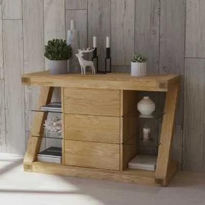Z Shape Oak Small Open Sideboard 3 Drawers and Glass Side Display Shelves