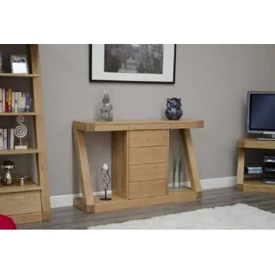Z Shape Oak Wide Console Hall Sideboard Table With 4 Drawers Open Side Shelves