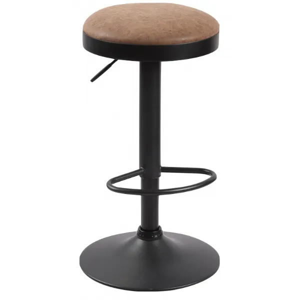 Brown Faux Leather and Black Metal Gas Lift Round Bar Stool